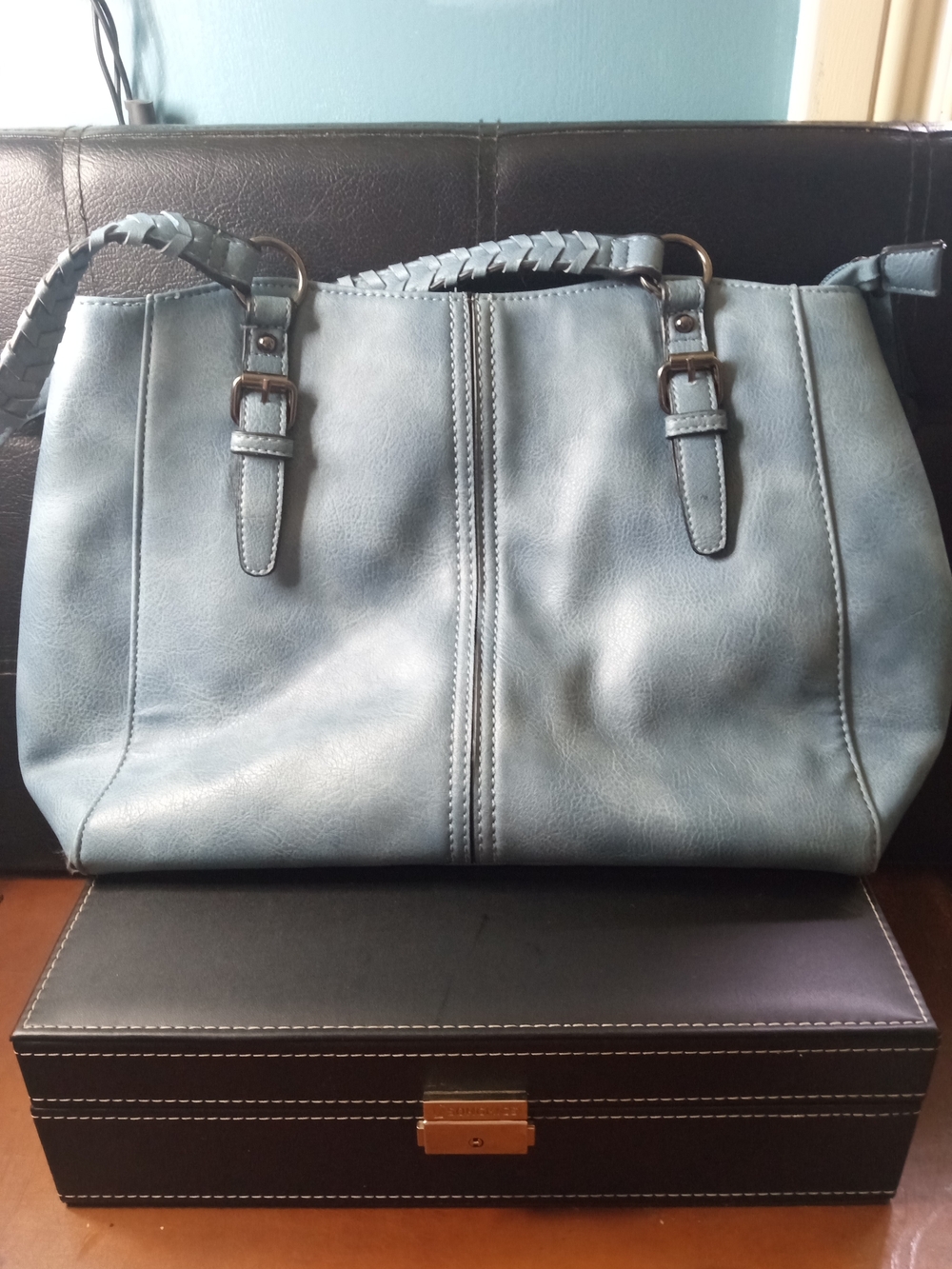 Classic Mia&Luca Light Blue Braided-Handle Faux Leather Tote Bag
